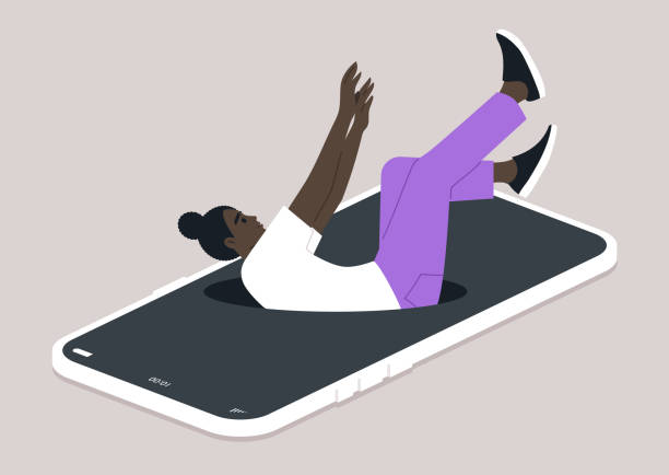 A young Gen Z character falling into a hole that has opened on a mobile screen, the challenge of controlling screen time and the negative effects of excessive technology use